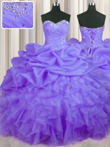 Lavender Sweetheart Neckline Beading and Ruffles and Pick Ups Quinceanera Gowns Sleeveless Lace Up