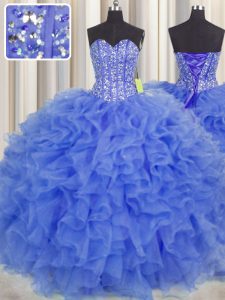 Visible Boning Sweetheart Sleeveless Organza 15 Quinceanera Dress Beading and Ruffles and Sashes ribbons Lace Up