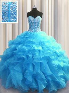 Admirable Visible Boning Baby Blue Sleeveless Floor Length Beading and Ruffles Lace Up 15 Quinceanera Dress