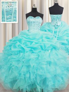 Shining Visible Boning Baby Blue Ball Gowns Sweetheart Sleeveless Organza Floor Length Lace Up Beading and Ruffles and Pick Ups Quinceanera Dress