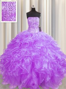 Visible Boning Lilac Organza Lace Up Strapless Sleeveless Floor Length Sweet 16 Quinceanera Dress Beading and Ruffles