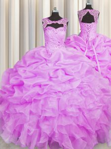 Lilac Ball Gowns Organza Scoop Sleeveless Beading and Pick Ups Floor Length Lace Up Quinceanera Gown
