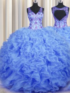 Flirting V Neck Organza Sleeveless Floor Length Sweet 16 Dresses and Beading and Appliques and Ruffles
