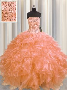 Sumptuous Visible Boning Sleeveless Floor Length Beading and Ruffles Lace Up Quinceanera Dresses with Orange