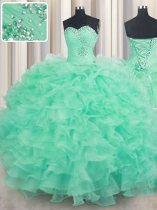 Hot Sale Sleeveless Organza Floor Length Lace Up Quinceanera Gown in Apple Green with Beading and Ruffles