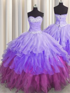 Most Popular Organza Sleeveless Floor Length Quinceanera Dress and Beading and Ruffles and Ruffled Layers and Sequins
