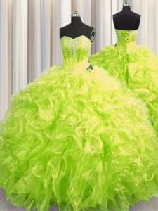 Fantastic Yellow Green Vestidos de Quinceanera Military Ball and Sweet 16 and Quinceanera with Beading and Ruffles Sweetheart Long Sleeves Brush Train Lace Up
