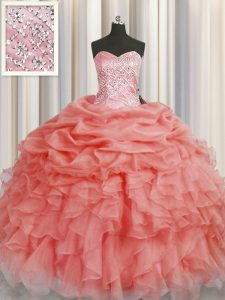 Attractive Organza Sweetheart Sleeveless Lace Up Beading and Ruffles Quinceanera Gowns in Watermelon Red