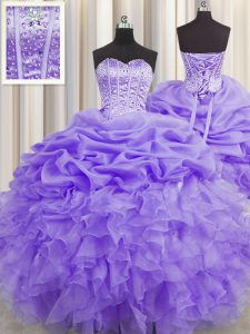 Fashion Visible Boning Sleeveless Organza Floor Length Lace Up Quinceanera Gown in Lavender with Beading and Ruffles and Pick Ups