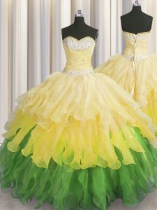 Vintage Sweetheart Sleeveless Sweet 16 Quinceanera Dress Floor Length Beading and Ruffles and Ruffled Layers and Sequins Multi-color Organza
