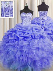 Adorable Visible Boning Purple Organza Lace Up Quinceanera Gown Sleeveless Floor Length Beading and Ruffles and Pick Ups
