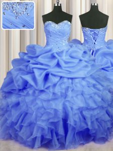 Blue Ball Gowns Organza Sweetheart Sleeveless Beading and Ruffles and Ruching and Pick Ups Floor Length Lace Up Quinceanera Gowns