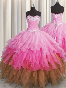 Multi-color Ball Gowns Beading and Ruffles and Ruffled Layers and Sequins 15th Birthday Dress Lace Up Organza Sleeveless Floor Length