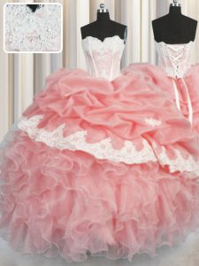 Chic Organza Sweetheart Sleeveless Lace Up Appliques and Ruffles and Pick Ups Quinceanera Gowns in Watermelon Red and Baby Pink
