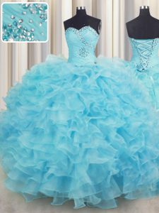 Floor Length Lace Up Quinceanera Dresses Aqua Blue for Military Ball and Sweet 16 and Quinceanera with Beading and Ruffles
