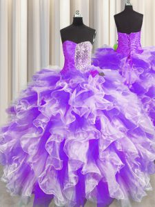 Admirable White And Purple Sweetheart Neckline Beading and Ruffles and Ruching Quinceanera Dresses Sleeveless Lace Up