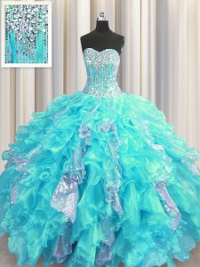Smart Visible Boning Sleeveless Floor Length Beading and Ruffles and Sequins Lace Up Quince Ball Gowns with Aqua Blue