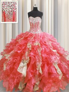 Simple Visible Boning Watermelon Red Sleeveless Floor Length Beading and Ruffles and Sequins Lace Up Sweet 16 Dress