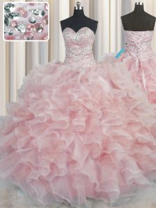 Affordable Bling-bling Pink Organza Lace Up Sweetheart Sleeveless Floor Length Quinceanera Dresses Beading and Ruffles