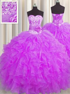 Handcrafted Flower Purple Lace Up 15 Quinceanera Dress Beading and Ruffles and Hand Made Flower Sleeveless Floor Length