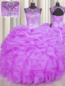 See Through Ball Gowns Sweet 16 Dresses Lilac Scoop Organza Sleeveless Floor Length Backless