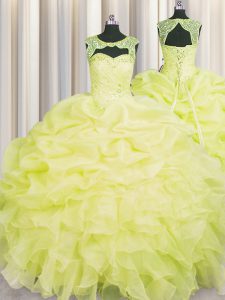 Fantastic Yellow Organza Lace Up Scoop Sleeveless Floor Length Quince Ball Gowns Beading and Pick Ups