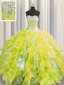 Modest Sequins Visible Boning Yellow Sleeveless Organza and Sequined Lace Up Ball Gown Prom Dress for Military Ball and Sweet 16 and Quinceanera