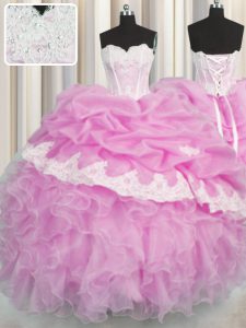 Eye-catching Sleeveless Floor Length Beading and Appliques and Ruffles and Pick Ups Lace Up Quinceanera Dress with Pink