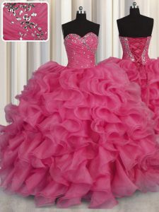 Hot Pink Sleeveless Organza Lace Up Ball Gown Prom Dress for Military Ball and Sweet 16 and Quinceanera