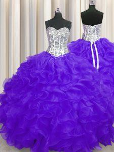 Purple Lace Up Sweetheart Beading and Ruffles Quinceanera Gowns Organza Sleeveless