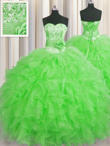 Traditional Handcrafted Flower Green Ball Gowns Organza Sweetheart Sleeveless Beading and Ruffles and Hand Made Flower Floor Length Lace Up Sweet 16 Dresses
