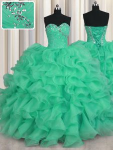 High End Floor Length Turquoise 15 Quinceanera Dress Organza Sleeveless Beading and Ruffles