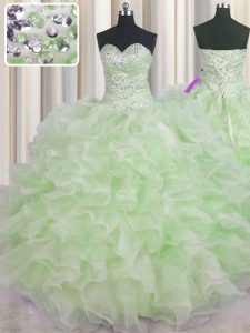Captivating Green Organza Lace Up Quinceanera Gowns Sleeveless Floor Length Beading and Ruffles