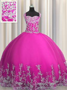 Excellent Fuchsia Lace Up Straps Beading and Appliques Sweet 16 Dress Tulle Sleeveless