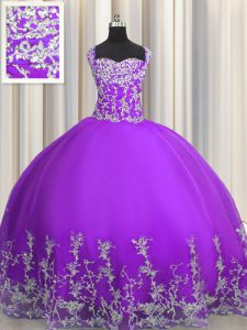 Eggplant Purple Lace Up Straps Beading and Appliques Quince Ball Gowns Tulle Sleeveless