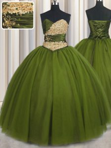 Olive Green Tulle Lace Up Quinceanera Gowns Sleeveless Floor Length Beading and Ruching and Belt