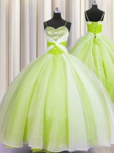 Hot Sale Spaghetti Straps Floor Length Lace Up Quinceanera Gown Yellow Green for Military Ball and Sweet 16 and Quinceanera with Beading and Ruching