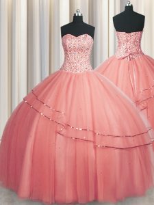 Wonderful Visible Boning Puffy Skirt Watermelon Red Quince Ball Gowns Military Ball and Sweet 16 and Quinceanera with Beading Sweetheart Sleeveless Lace Up