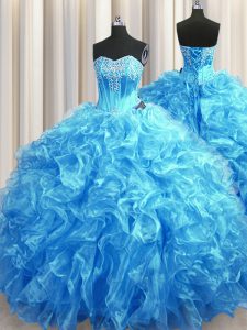 Delicate Sweetheart Sleeveless Sweep Train Lace Up Quince Ball Gowns Baby Blue Organza