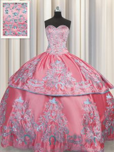 Taffeta Sweetheart Sleeveless Lace Up Beading and Embroidery 15th Birthday Dress in Rose Pink