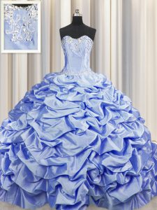Edgy Brush Train Lavender 15 Quinceanera Dress Military Ball and Sweet 16 and Quinceanera with Beading and Pick Ups Sweetheart Sleeveless Sweep Train Lace Up