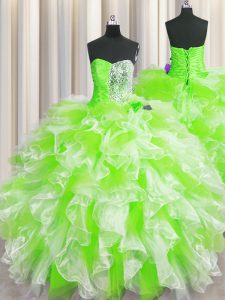 Best Multi-color Organza Lace Up 15th Birthday Dress Sleeveless Floor Length Beading and Ruffles