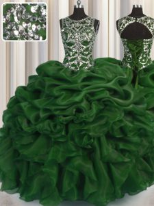 Scoop See Through Floor Length Lace Up Quinceanera Dresses Dark Green for Military Ball and Sweet 16 and Quinceanera with Beading and Pick Ups