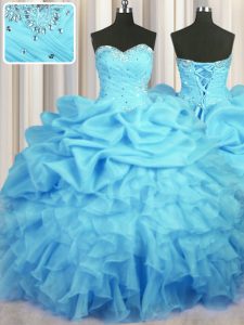Perfect Baby Blue Ball Gowns Organza Sweetheart Sleeveless Beading and Ruffles and Ruching and Pick Ups Floor Length Lace Up Vestidos de Quinceanera