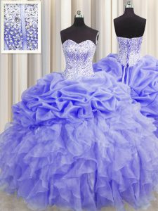 On Sale Visible Boning Lavender Organza Lace Up Quinceanera Dress Sleeveless Floor Length Beading and Ruffles and Pick Ups