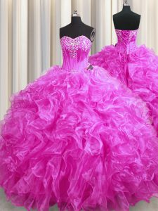 Fuchsia Lace Up 15th Birthday Dress Beading and Ruffles Sleeveless Sweep Train