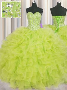 Visible Boning Yellow Green Ball Gowns Organza Sweetheart Sleeveless Beading and Ruffles Floor Length Lace Up Quinceanera Dresses
