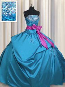 Exceptional Taffeta Strapless Sleeveless Lace Up Beading and Ruching and Bowknot 15 Quinceanera Dress in Teal