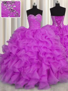 Custom Made Organza Sweetheart Sleeveless Lace Up Beading and Ruffles Quinceanera Gown in Purple