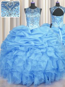 See Through Scoop Sleeveless Organza Sweet 16 Dress Beading and Ruffles and Pick Ups Lace Up